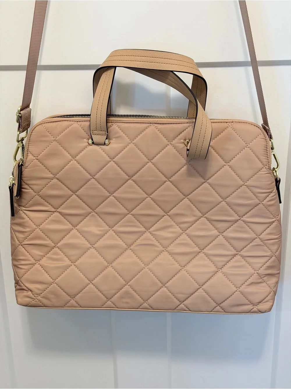 Steve Madden BSpace Quilted Laptop Work Tote Bag/soft blush pink/cream colorway.
